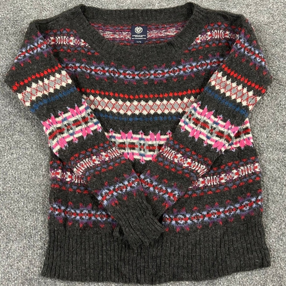 American Eagle Sweater Womens Size L Gray Wool Mohair Fair Isle Knit Pullover